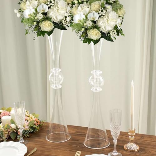 Efavormart 2 Pack | 27" Clear Crystal Embellishment Trumpet Table Centerpiece, Reversible Plastic Flower Vase - color: Clear, size: 27"