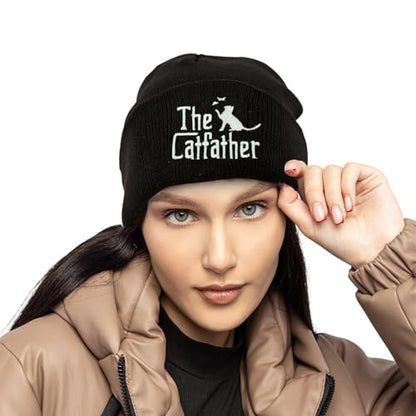 Cat Dad Beanie Hat Winter Cuffed Knit Hat Skull Watch Cap Embroidery Fisherman Beanies for Women Men Unisex - color: Cat Dad