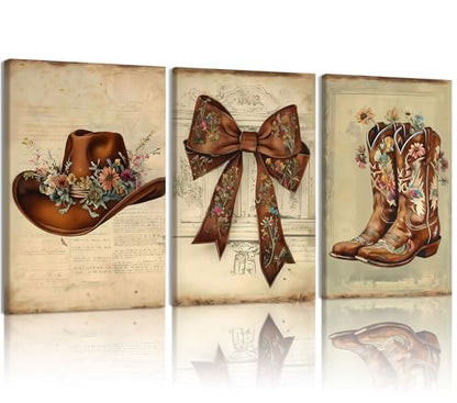 NCCXNCC 3Pcs Western-style Boots, Hats, and Bow Tie Wall Art 16x24 Inch - color: Western Cowboy Hat, size: 16×24inch