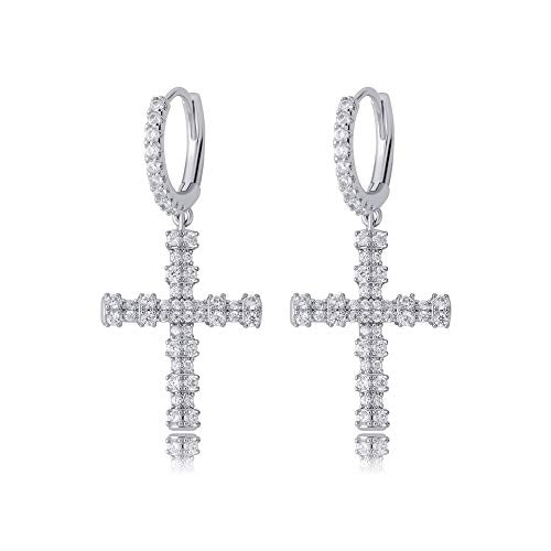 TOPGRILLZ Cross Hoop Dangle Earrings 925 Sterling Silver 5A+ Cubic Zirconia 14K Gold Hypoallergenic Cross Hoop Cuff Huggie Drop Earrings For Men Women - color: Cross 4 Silver