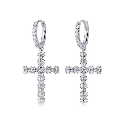 TOPGRILLZ Cross Hoop Dangle Earrings 925 Sterling Silver 5A+ Cubic Zirconia 14K Gold Hypoallergenic Cross Hoop Cuff Huggie Drop Earrings For Men Women - color: Cross 4 Silver