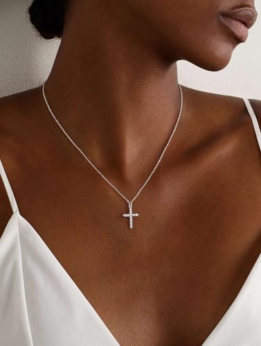 Carffordo 925 Sterling Silver Cross Necklace, Dainty Necklace for Women - style: Silver Cubic Zirconia Cross