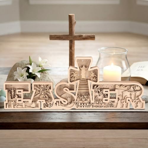 Easter Table Decorations Christianity Is Risen Easter Resurrection Scene with Cross Laser Cut Religious Christian Tabletop Centerpiece Jesus Nativity Scene for Home Church Tiered Tray Decor - style: Nativity Scene
