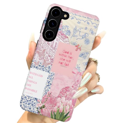 Compatible with Samsung Galaxy S23,2-in-1 Frosted Phone Cover Shockproof Case - Bible Verse Pink Tulip Flowers - color: Bible Verse Pink Tulip Flowers, size: Samsung Galaxy S23
