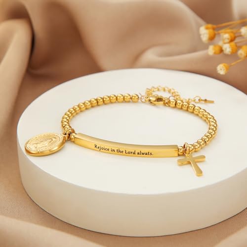 DS Women Christian Charm Bracelet,Cross Scripture Stainless Steel Jewelry - style: Rejoice in the Lord always. -Gold