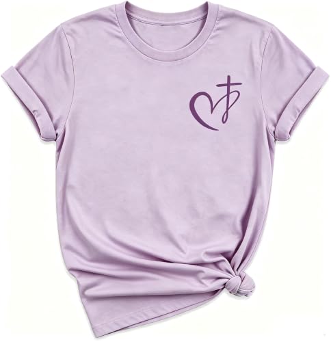 Muicy Women's Cross Heart Print Cotton Christian T-Shirts Religious Christian Tops for Summer Church 2026 - color: Purple, size: Large