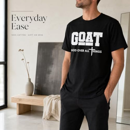 Men's Christian Graphic T-Shirt,Goat(God Over All Things) 100% Cotton Tee - color: Black, size: Medium
