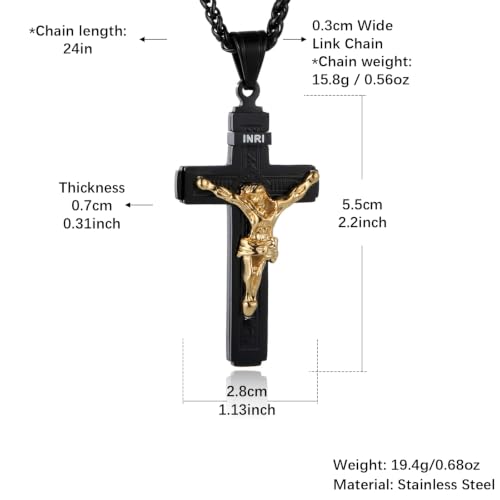 HZMAN Catholic Jesus Christ INRI Cross Crucifix Pendant Necklace for Men - color: Black