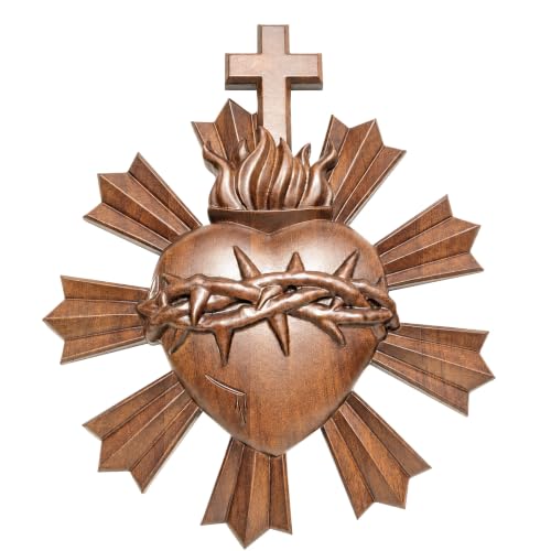 XXLTY Sacred Heart Wall Decor, 3D Carved Solid Wood Sacred Heart of Jesus Wall Sculpture with Cross and Crown of Thorns, Catholic Religious Wall Art for Home, Christian Gift - color: Thorny walnut-colored sacred heart
