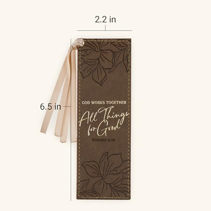 Christian Art Gifts Faux Leather Scripture Bookmark: All Things for Good - color: Brown Floral/All Things