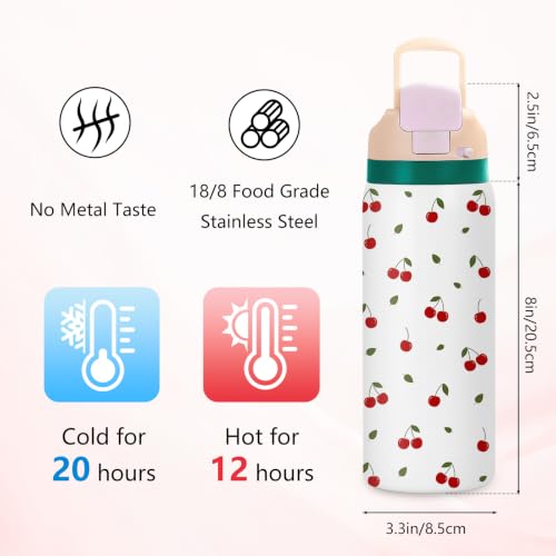 Cherry 32oz Insulated Water Bottle, Women Gift, Handle and 2-in-1 Lid, 1PCS - color: Cherry-White