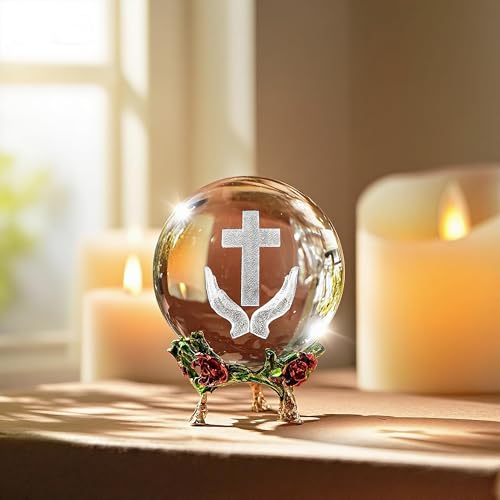 3D Cross Crystal Ball Religious Gift with Stand Christian Decor 2.3in - style: Praying Hands and Cross