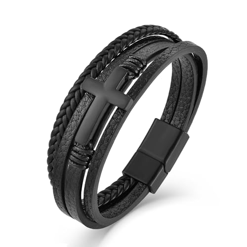 Leather Cross Bracelet Braided Faith Bangle for Men, 8.3 &9.1 Inch - color: 01.Black, size: 8.3in(Fits most wrists)