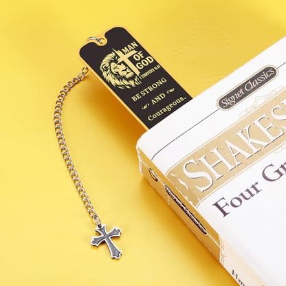 Christian Bookmark Man of God, Inspirational Lion Bible Verse Bookmark with Cross Pendant, Religious Scripture Verse Bookmarks for Man Accessories Church Confirmation Baptism Easter for Pastor Men - style: Be strong and courageous