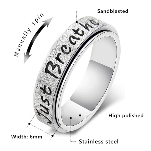 Inspirational Anxiety Relief Fidget Spinner Stackable Finger Rings for Women Men Just Breathe Let Them for Women Men Jewelry Dull Polish Titanium Steel Birthday Wedding - color: Breath Silver(can spinner)