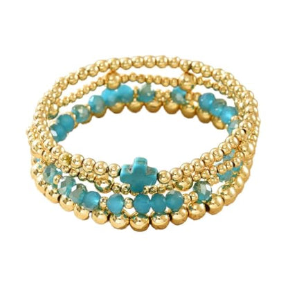Colorful Cross Charm Bracelets for Women Men Adjustable Gold Plated Beaded Bracelet Boho Bead Ball Stretch Bracelet Birthday Summer Beach Jewelry - color: Blue