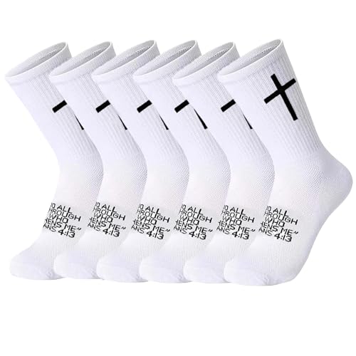 6 Pairs Christian Socks Cross Prayer Socks with Bible Verse,Christian Gift for Man Women Youth Birthday Christmas - color: 4:13-white