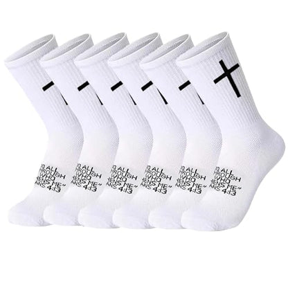 6 Pairs Christian Socks Cross Prayer Socks with Bible Verse,Christian Gift for Man Women Youth Birthday Christmas - color: 4:13-white