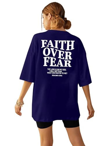 BANGELY Faith Over Fear Shirt Women Graphic Shirts Oversized Workout Gym Christian Religious Tees Drop Shoulder Tee Tops - color: A-blue, size: Medium