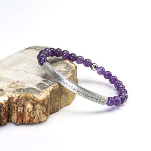 Amethyst Christian Bracelet for Women, 18K Gold Plated Bible Verse Jewelry, Inspirational Religious Faith Gift, Scripture Jewelry for Encouragement & Strength - color: A true friendship is a journey without an end-Amethyst Silver