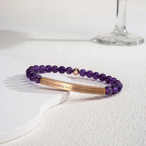Amethyst Christian Bracelet for Women, 18K Gold Plated Bible Verse Jewelry, Inspirational Religious Faith Gift, Scripture Jewelry for Encouragement & Strength - color: A true friendship is a journey without an end-Amethyst Rose Gold