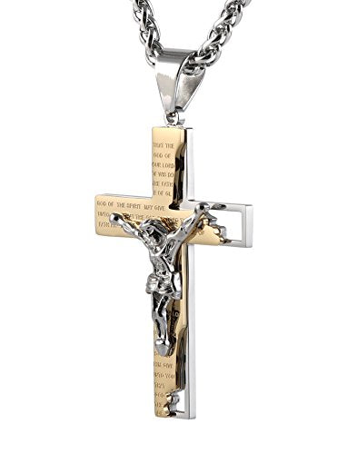 HZMAN Men's Stainless Steel Cross Crucifix Bible Prayer Pendant Necklace - color: Gold