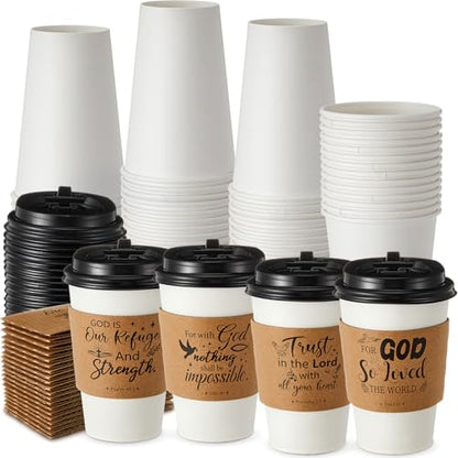 Jingmore 24 Set 12oz Christian Coffee Cups with Lids and Sleeves Disposable Bible Verse Paper Hot Cups for Religious Party Favors Sunday School Church Baptism