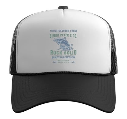 Christian Faith Jesus Simon Peter Funny Seafood Bible Verse Trucker Hat with Adjustable Mesh Back - color: Black/White