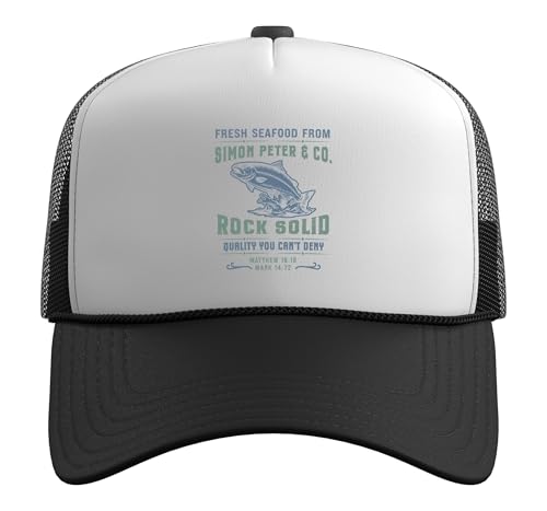 Christian Faith Jesus Simon Peter Funny Seafood Bible Verse Trucker Hat with Adjustable Mesh Back - color: Black/White