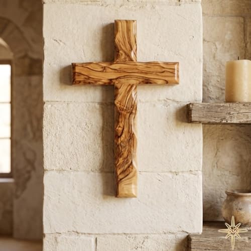 Wall Cross, Wooden Crosses from Bethlehem, Holy Land. Olive Wood Crucifix. Hanging Home Decor. Religious Gift for Godparents, Grandchildren, Kids Room Cross, New House, Christmas and Easter Gifts, - size: 8"L x 5"W