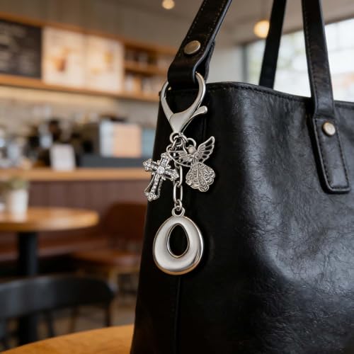 Snycler Bubble Initial Keychain Bag Charms for Women, A-Z Letter Keychain - color: Silver - Angel & Cross Initial