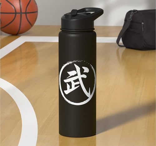 “Warrior” Japanese Kanji Word Graphic Stainless Steel Insulated Water Bottle - color: Black