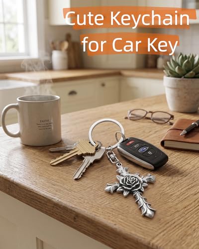 Cross Keychain for Men,Jesus Key Chain Christian Car Key Accessories，Easter Christmas Religious Gift,Purse Bag Charms - color: Silver Rose