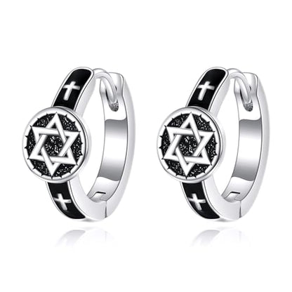 AOBOCO Black Hoops Earrings for Men Sterling Silver Viking Celtic Cross Heart Skull Round Triangle Hoop Earrings Birthday Father Day Christmas Jewelry Gifts for Men Women Friends - style: Star of David Hoops