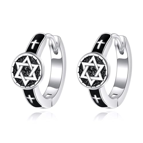 AOBOCO Black Hoops Earrings for Men Sterling Silver Viking Celtic Cross Heart Skull Round Triangle Hoop Earrings Birthday Father Day Christmas Jewelry Gifts for Men Women Friends - style: Star of David Hoops