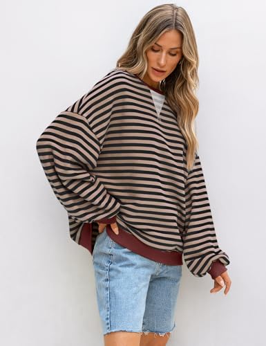 UEU Women Oversized Striped Crewneck Sweatshirt Long Sleeve Casual Pullover - color: Black Coffee Striped, size: X-Large