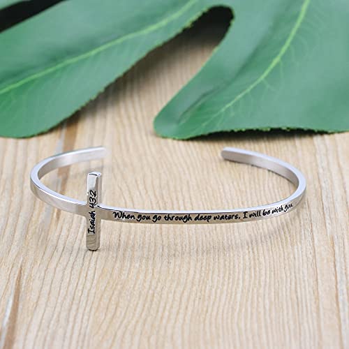 Memgift 𝐂𝐫𝐨𝐬𝐬 𝐁𝐫𝐚𝐜𝐞𝐥𝐞𝐭 Religious Cuff Bangle 𝐁𝐢𝐛𝐥𝐞 𝐕𝐞𝐫𝐬𝐞 Christian Gifts Jewelry for 𝐖𝐨𝐦𝐞𝐧 - style: Silver cuff-when you go through deep waters, I will be with you -Isaiah 43:2