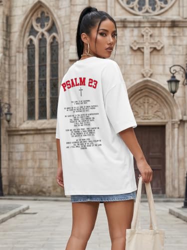 Tewmeu Christian Shirts for Women Oversized Psalm 23 Faith Bible Verse Tee - color: White, size: Medium