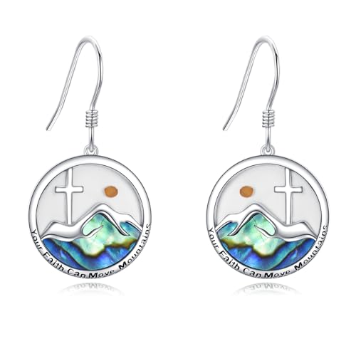 AOBOCO Mustard Seed Earrings for Women Sterling Silver Mountain Cross Earrings Dangle Christian Religion Jewelry Mothers Day Birthday for Mom Wife Friends - style: Round Mountain Cross Hooks