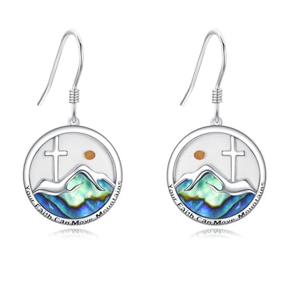 AOBOCO Mustard Seed Earrings for Women Sterling Silver Mountain Cross Earrings Dangle Christian Religion Jewelry Mothers Day Birthday for Mom Wife Friends - style: Round Mountain Cross Hooks