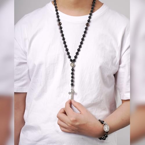 Rosary for Men Women, Natural Stone Beads with St. Benedict Bracelet - color: Obsidian