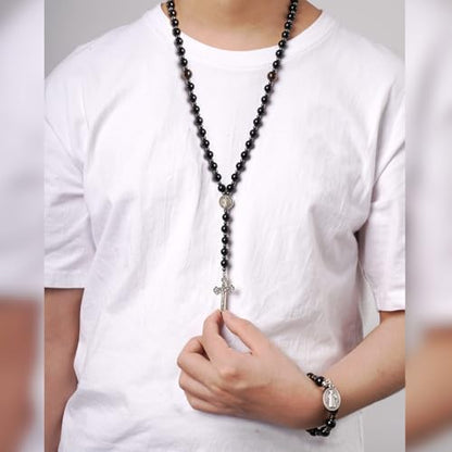 Rosary for Men Women, Natural Stone Beads with St. Benedict Bracelet - color: Obsidian