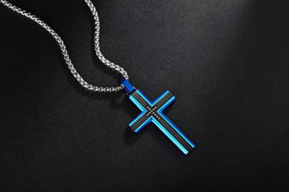 Holizaly Men's Cross Necklace 316L Stainless Steel Pendant White/Gold/Black/Blue Rolo Chain-Gift Box Included - color: Blue Black-A
