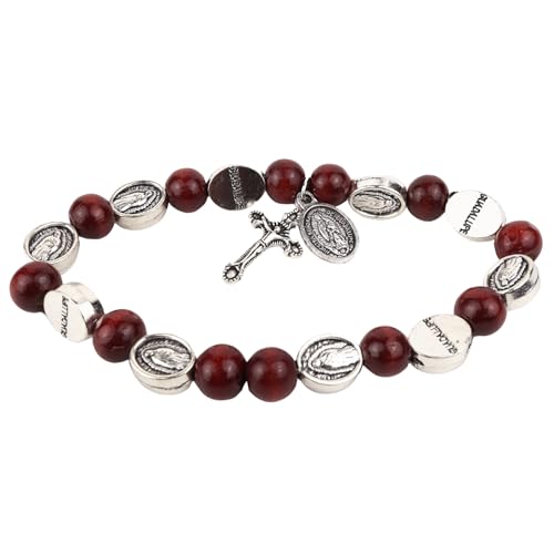 Needzo Our Lady of Guadalupe Rosary Bracelet, Red Wood Beads with Metal Crucifix, Catholic Jewelry, 7.5 Inches