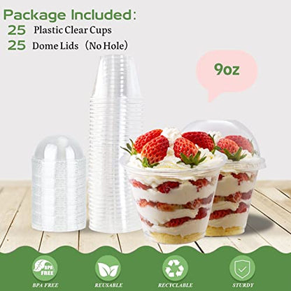 Artpreti 25 Sets 9oz Clear Plastic Parfait Cups with Dome Lids(NO HOLE) - Disposable Dessert Cups with Lids for Dips Snacks and Fruit Yogurt Smoothie Iced Cold Drinks, No Leaking - size: 9 oz - Dome Lid