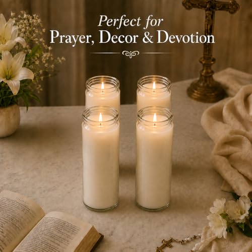 White Prayer Glass Candles Unscented, Bundle 4 Pack