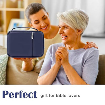 Small Bible Cover Case for Women and Men, 9x6 PU Leather Bible Sleeve, Compact Travel Bible Carrier Bag with Front Pen Holders, Zipper Closure, Inner Pockets - Navy Blue - color: Navy Blue, size: 9''x6.5''