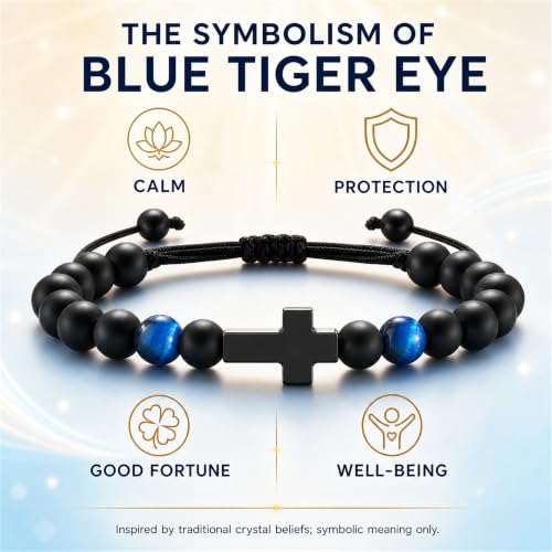 Boys Cross Bracelet, Adjustable Tiger Eye Bead Bracelet - color: B-Birthday