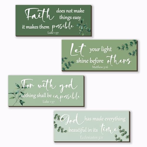 4 Pieces Christian Bible Verses Wall Decor Wooden Religious Art Green Sage Bathroom Decor Religious Gifts for Women Office Home Bedroom Bathroom Living Room(Green 10x4 Inches) - color: Green