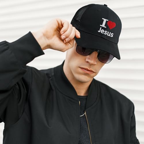 Christian Hats Jesus Cross Embroidered Trucker Hat – Cotton Mesh Cap for Men & Women, Adjustable Snapback, Breathable Design - color: I Love Jesus